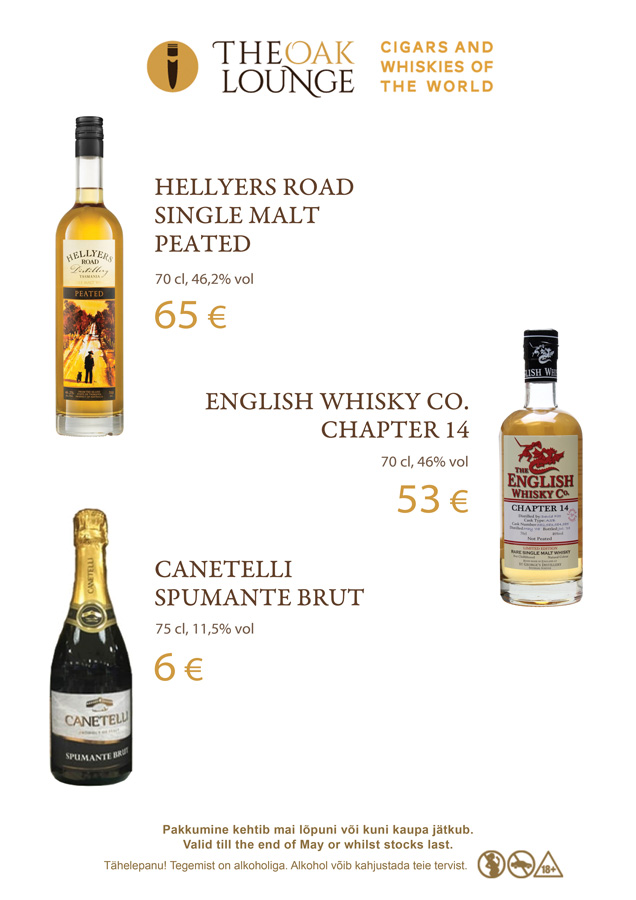 Alcohol Promotion May 2019 May promos are here! Cigars: La Estancia Edicion Exclusiva #60 28€ Davidoff Escurio Gran Toro Cello 17€ A.Fuente Gran Reserva Rothschilds 6,70€ Principle Frothy Monkey 5,90€ Oliva Serie G Maduro 3.75X48 Special G 3.90€ Oliva Serie G 3.75X48 Special G 3.90€ Spirits: Hellyers Road Peated 65€ English Whisky Co. Chapter 14 53€ Canetelli Spumante Brut 6€
