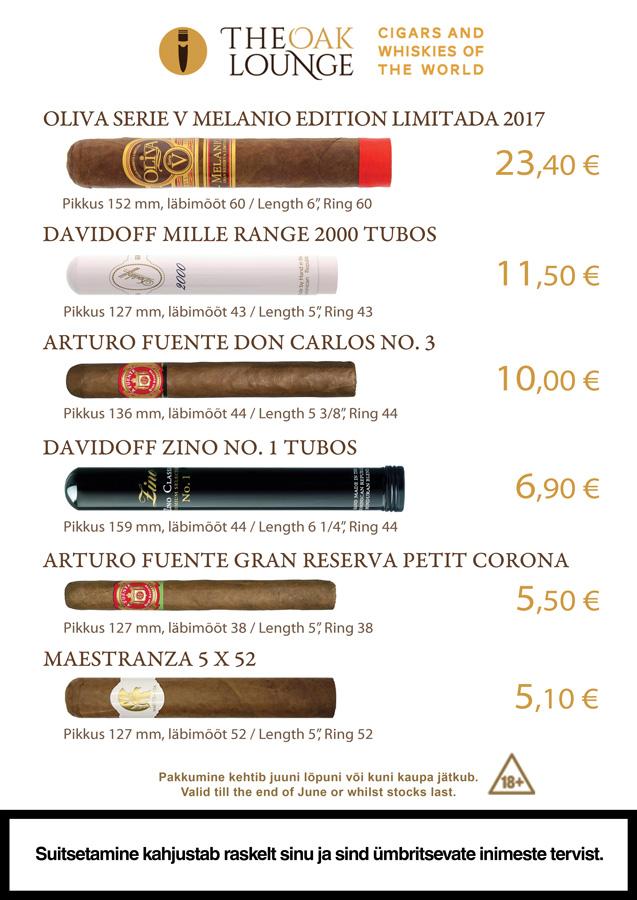 Cigar Promotion June 2019 May promos are here! Cigars: La Estancia Edicion Exclusiva #60 28€ Davidoff Escurio Gran Toro Cello 17€ A.Fuente Gran Reserva Rothschilds 6,70€ Principle Frothy Monkey 5,90€ Oliva Serie G Maduro 3.75X48 Special G 3.90€ Oliva Serie G 3.75X48 Special G 3.90€ Spirits: Hellyers Road Peated 65€ English Whisky Co. Chapter 14 53€ Canetelli Spumante Brut 6€