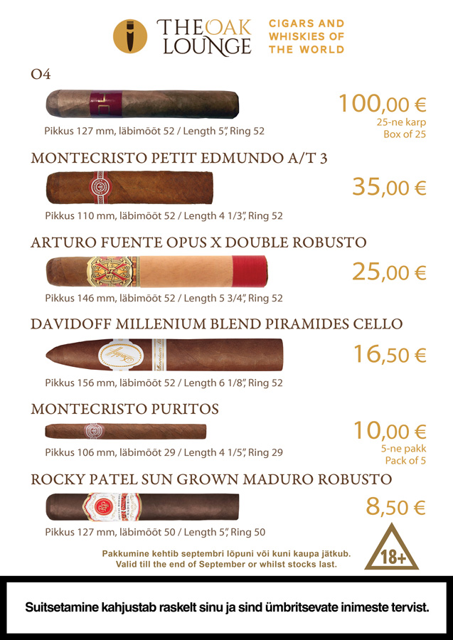Cigar Promotion September 2019 May promos are here! Cigars: La Estancia Edicion Exclusiva #60 28€ Davidoff Escurio Gran Toro Cello 17€ A.Fuente Gran Reserva Rothschilds 6,70€ Principle Frothy Monkey 5,90€ Oliva Serie G Maduro 3.75X48 Special G 3.90€ Oliva Serie G 3.75X48 Special G 3.90€ Spirits: Hellyers Road Peated 65€ English Whisky Co. Chapter 14 53€ Canetelli Spumante Brut 6€
